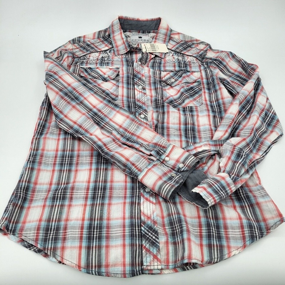 The Buckle Pearl Snap Shirt Mens Medium Red Blue Plaid Icon Western Embroidered